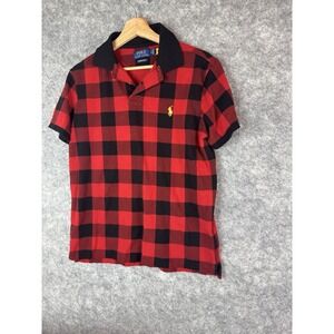 Polo Ralph Lauren Shirt Mens Medium Red Buffalo Check Gold Pony Slim Fit Rugby